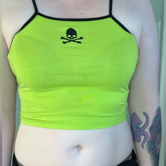 Neon green black skull halter crop top - Picture 2 of 2